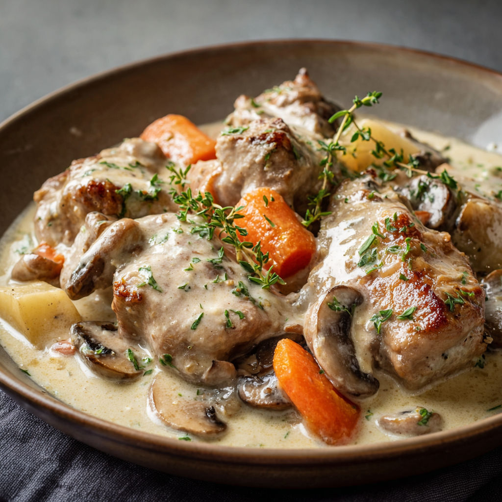 Une recette de poulet avec des carottes et des champignons.