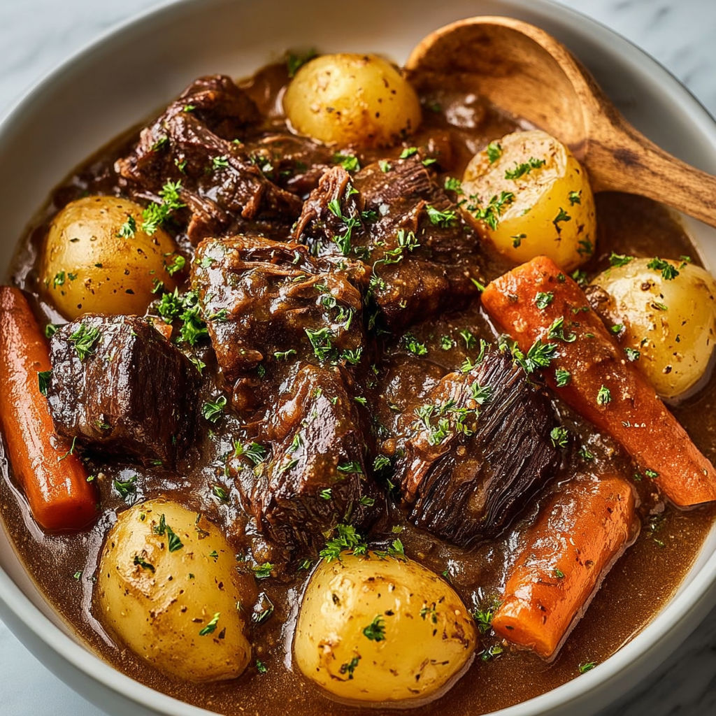 Un plat de rôti de bœuf mijoté à la crème brune, pommes de terre et carottes.