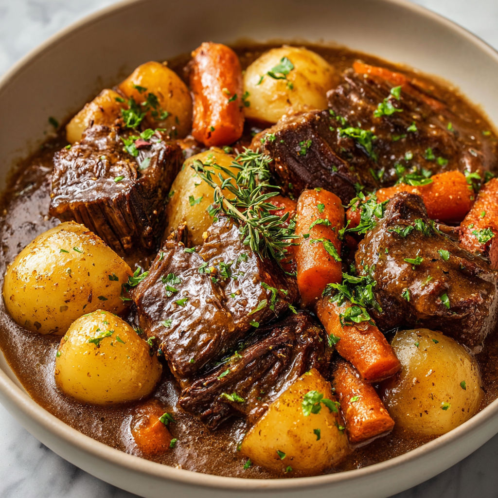 Un plat de viande et légumes, incluant des carottes, des pommes de terre et des légumes verts, est servie dans un bol.