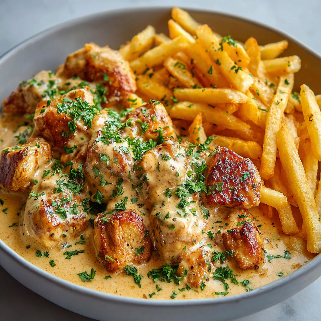 Une assiette de poulet bouchée avec sauce crémeuse et frites.