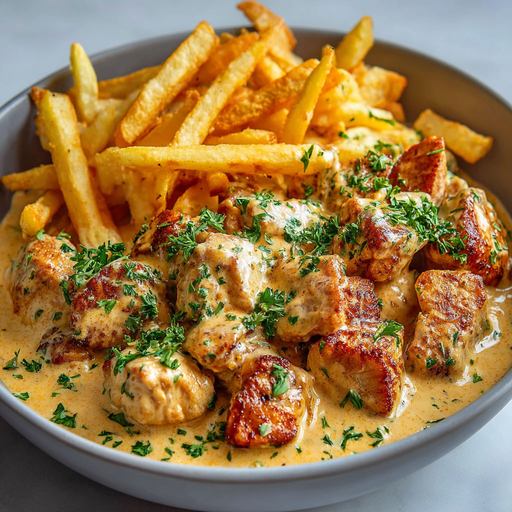 Un plat de poulet et frites avec une sauce au curry.
