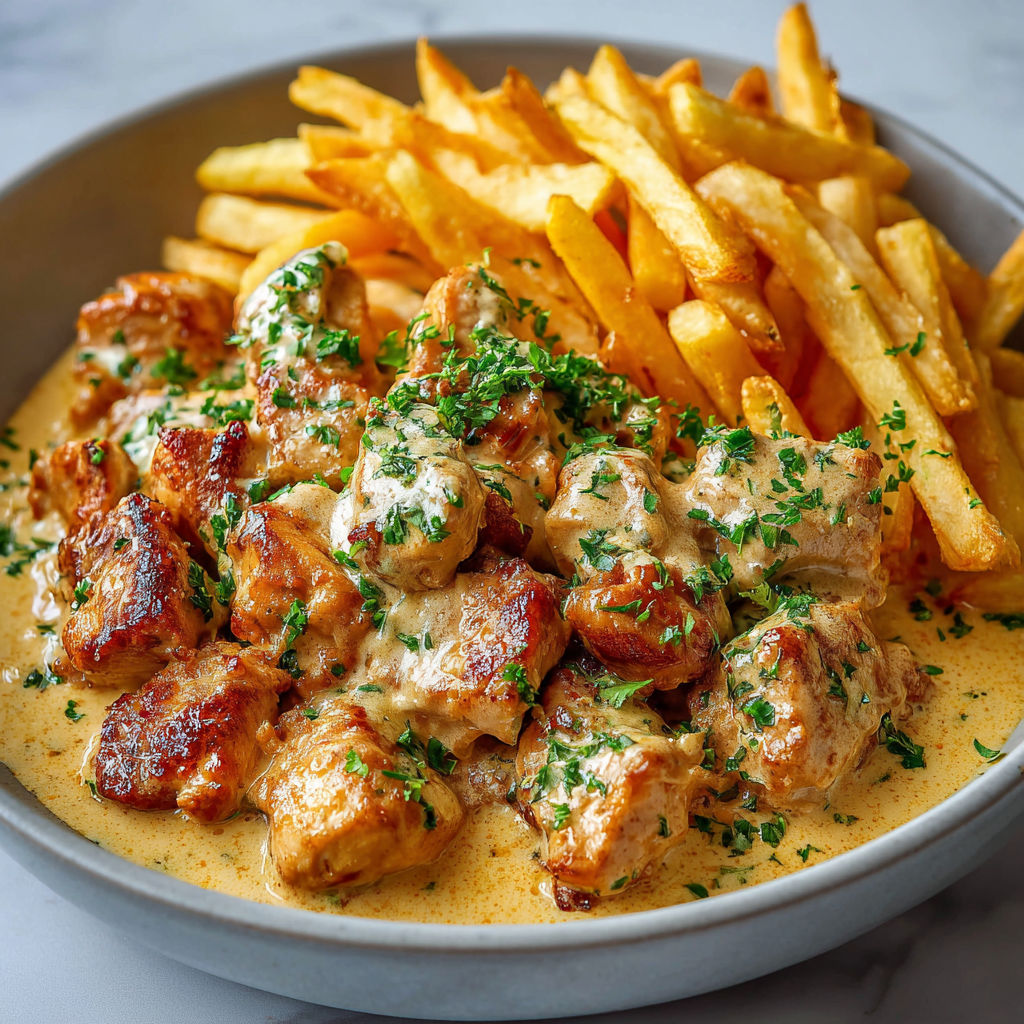 Une recette de poulet en sauce avec des frites.