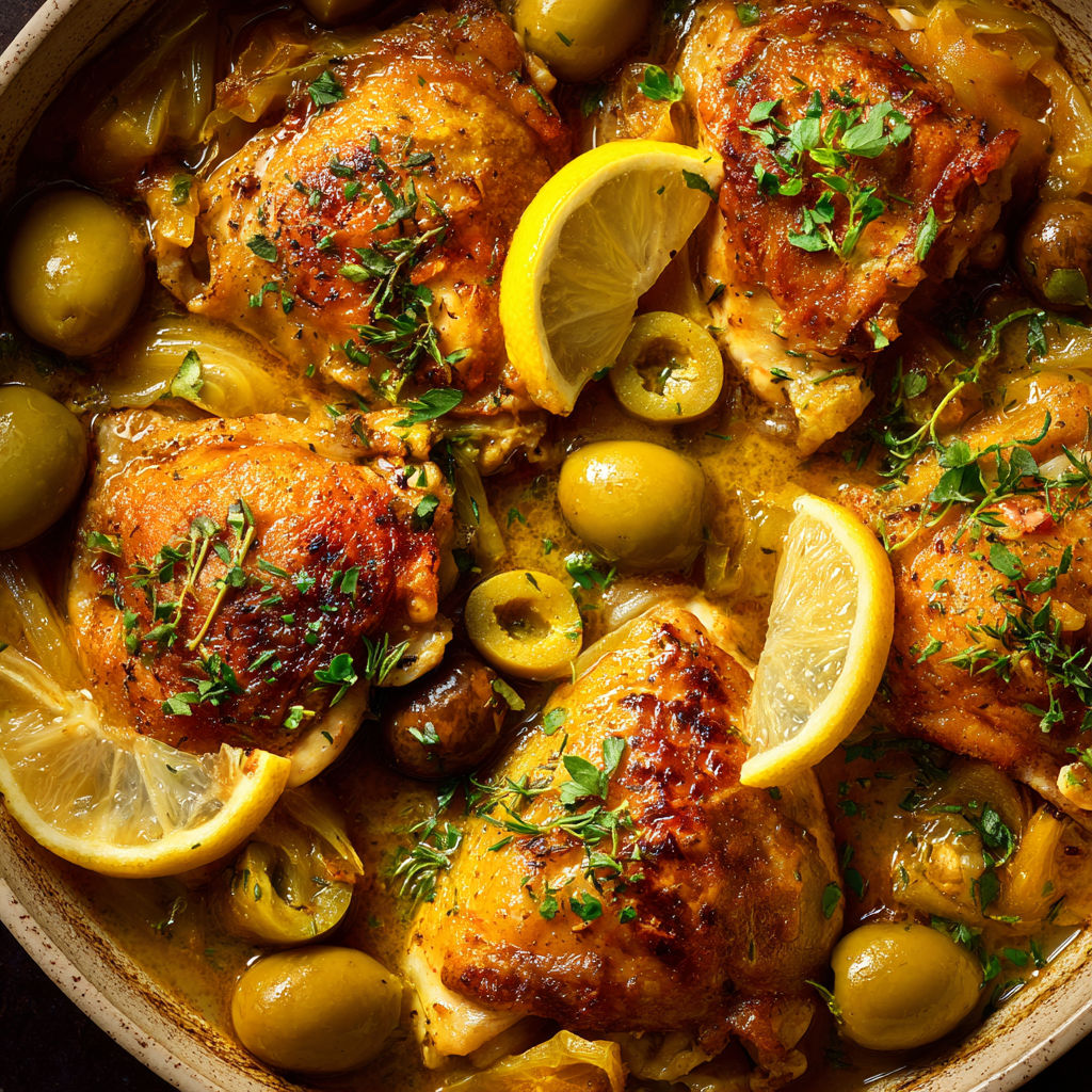 Un poulet rôti dans une sauce citron et olives, d'après la recette de Philippe Etchebest.