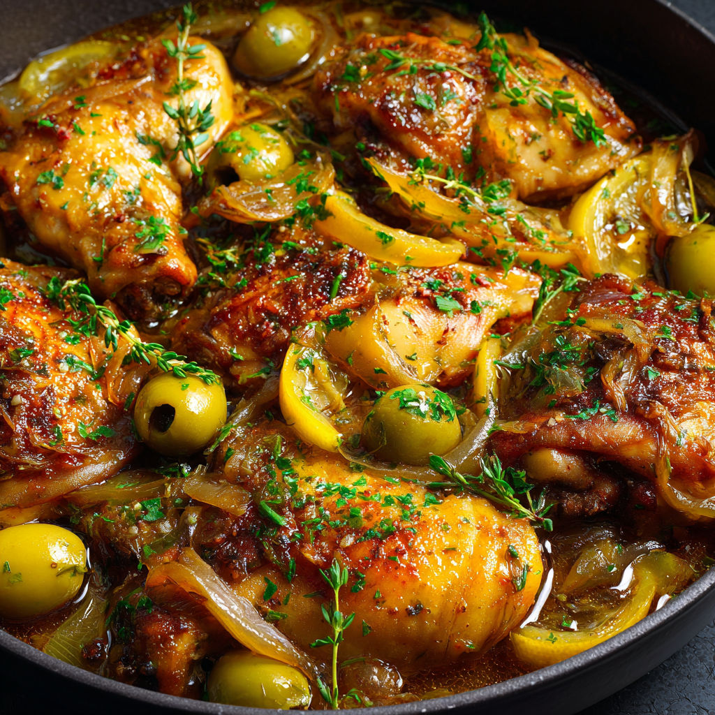 Une recette de poulet farci avec des oignons et des olives dans une sauce épicée.