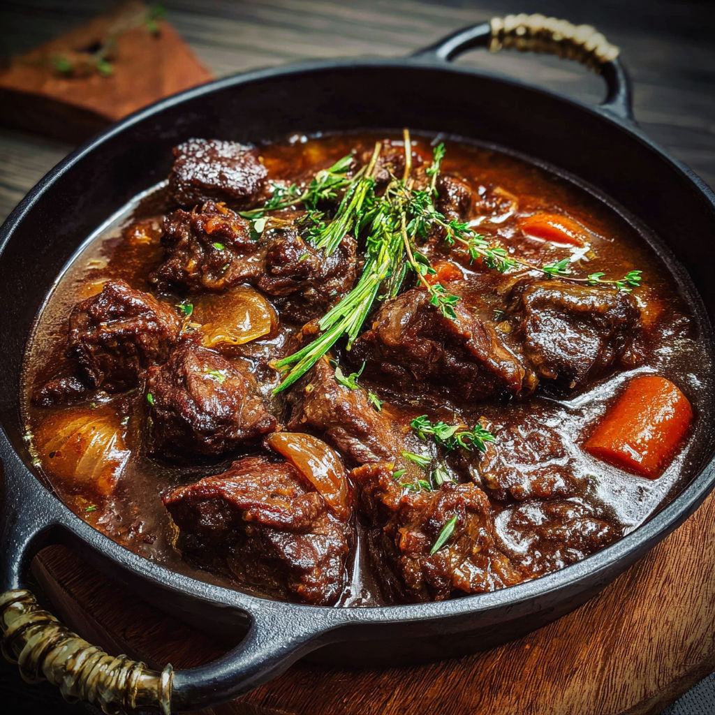 Une casserole de boeuf mijoté au sirop d'érable est servie sur un plateau.