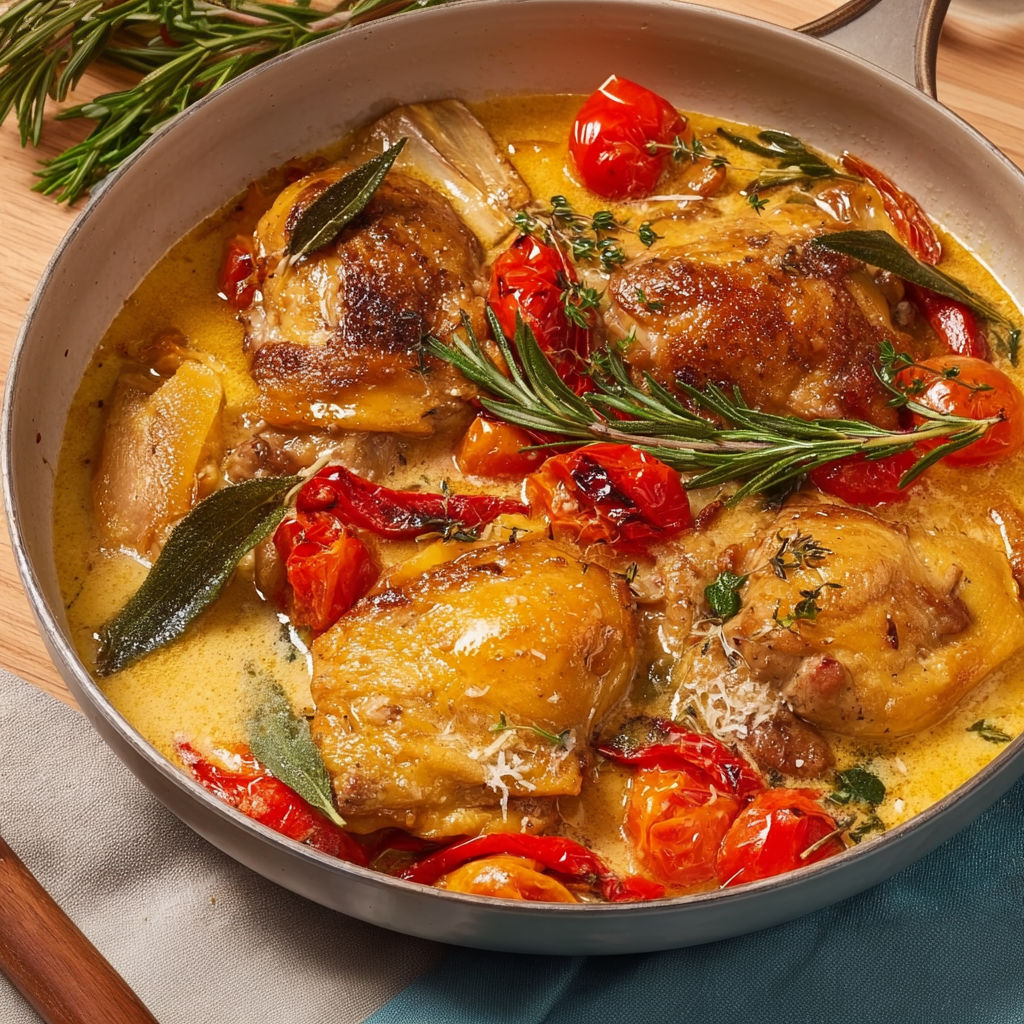 Une poêle contenant des poulets mijotés avec des légumes et des épices.