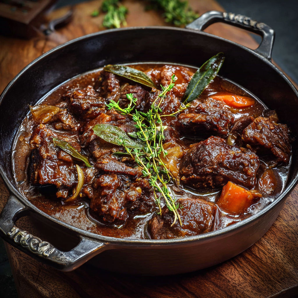Une recette de stew de boeuf avec des herbes et des carottes.