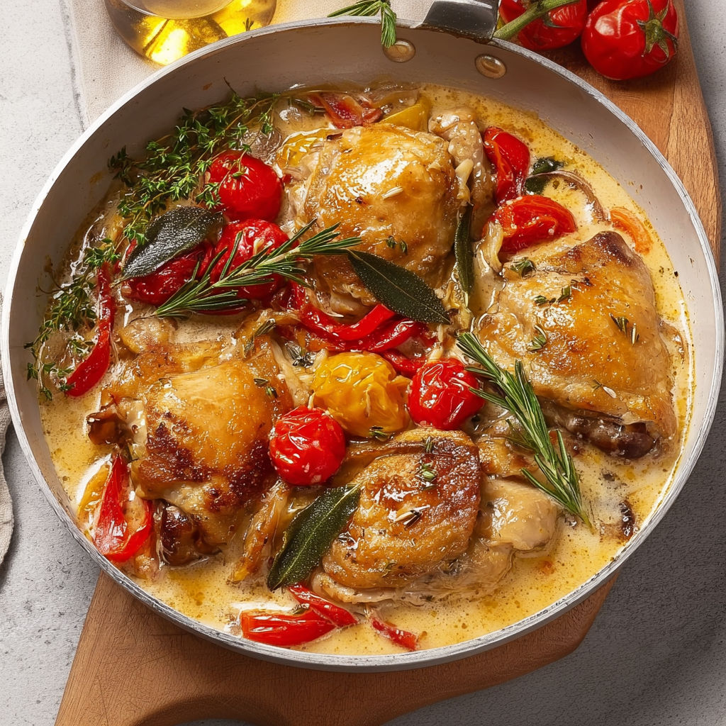 Une recette de poulet avec des tomates et des herbes.