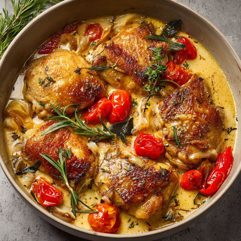Une casserole de poulet et légumes, avec des tomates, des épinards et des herbes, est servie dans un bol en céramique.