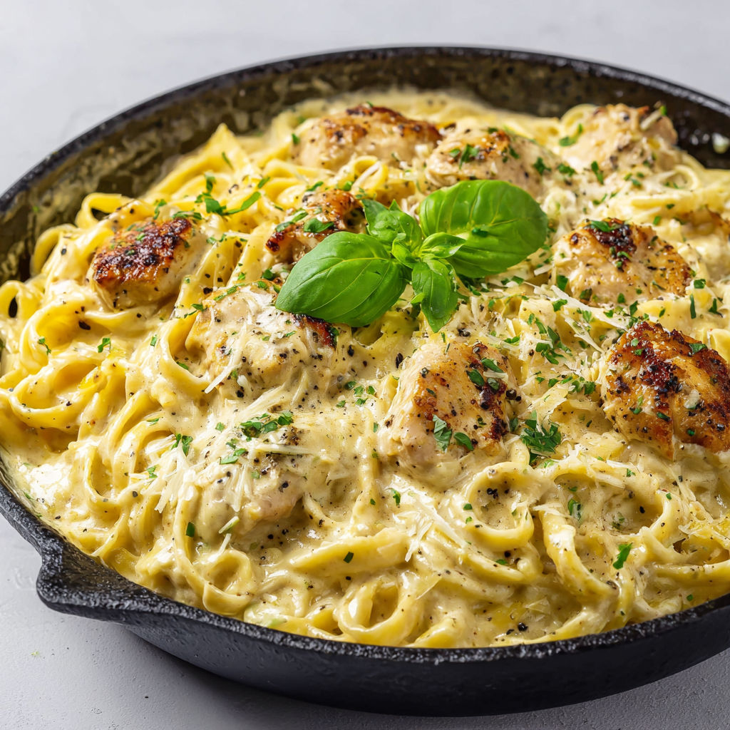 Une casserole de pâtes au poulet et à la moutarde est servie dans un bol noir.