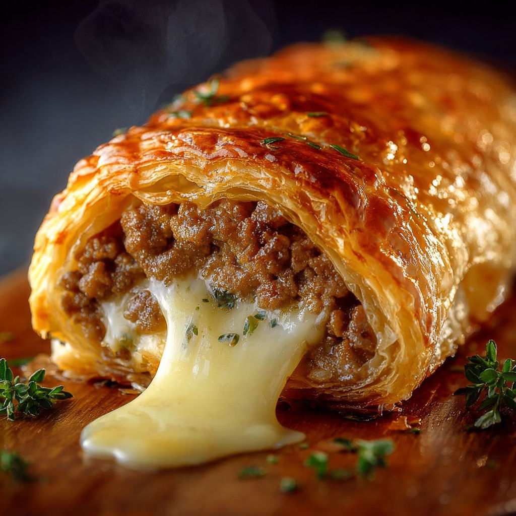 Un délicieux roulé feuilleté à la viande hachée et fromage fondant, avec une sauce au beurre fondu qui coule à l'intérieur.