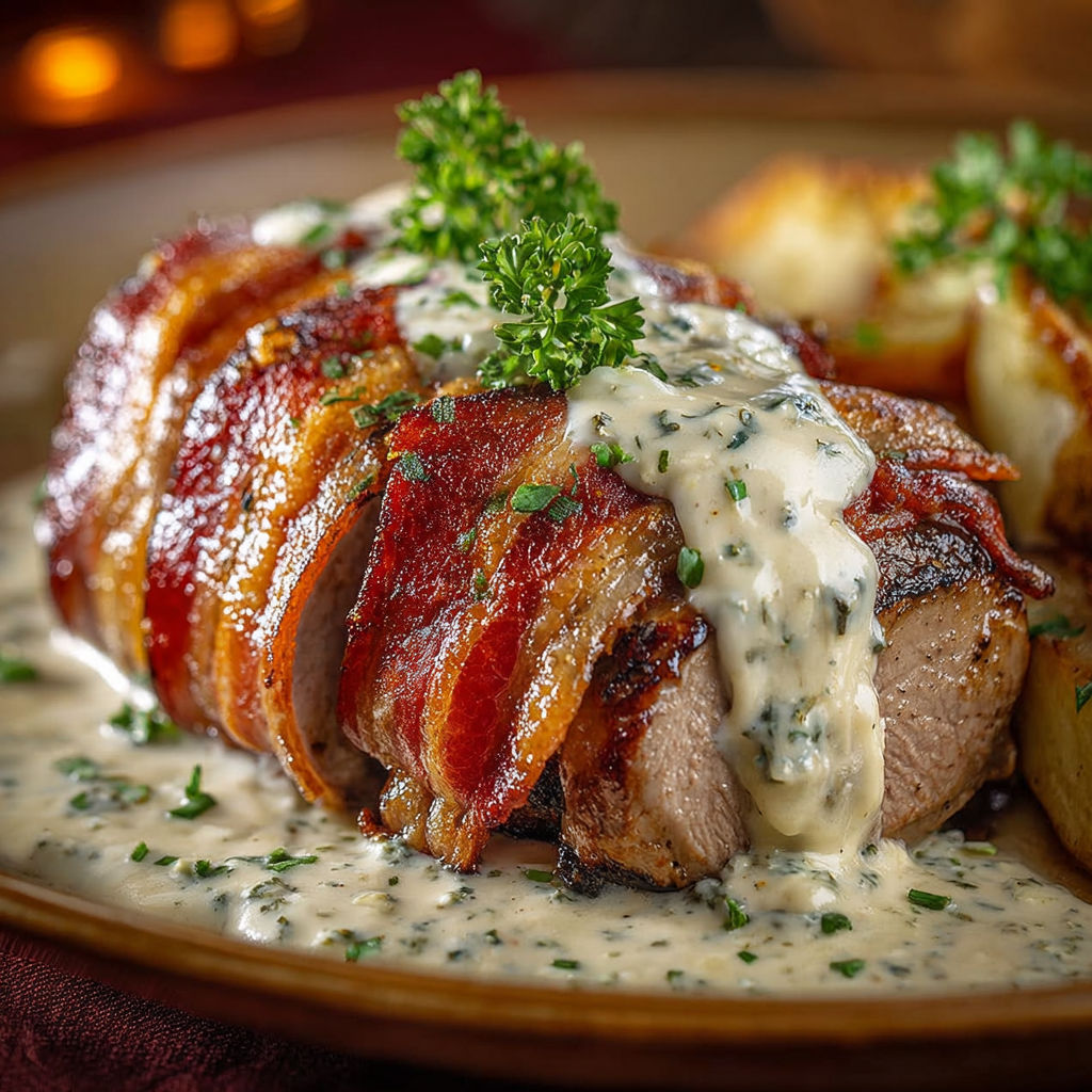 Un filet mignon porc boursin lard est servi sur une assiette en terre cuite, accompagné de pommes de terre et de herbes.