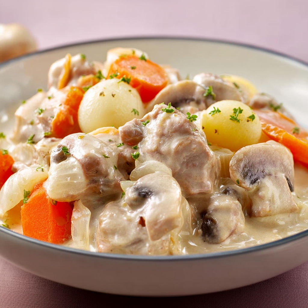 Une assiette de la blanquette de veau aux légumes, avec des carottes, des pommes de terre et des champignons.