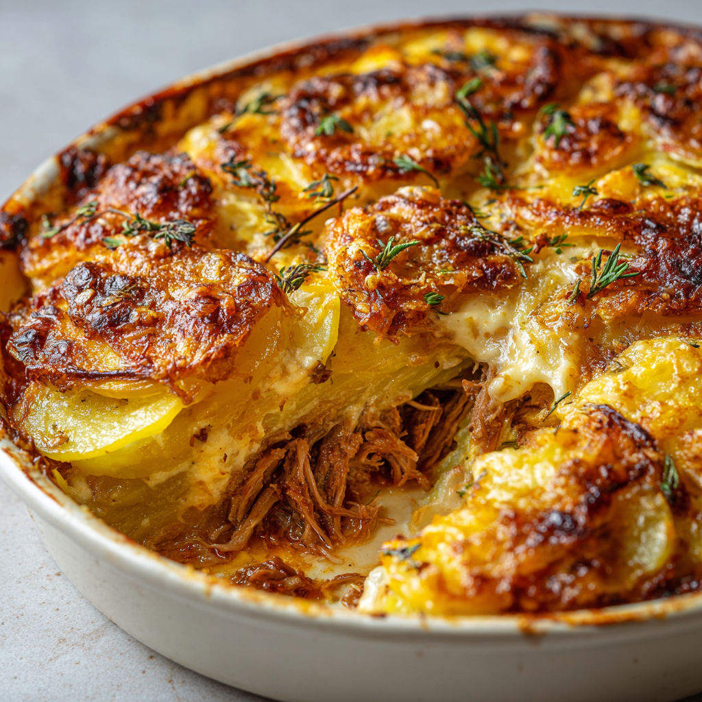 Une gratin de pommes de terre à l'agneau est servie dans un plat en céramique.