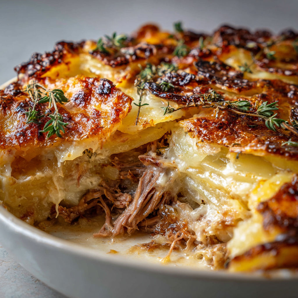 Une tarte aux pommes de terre et viande chaude, avec des herbes fraîches sur le dessus.