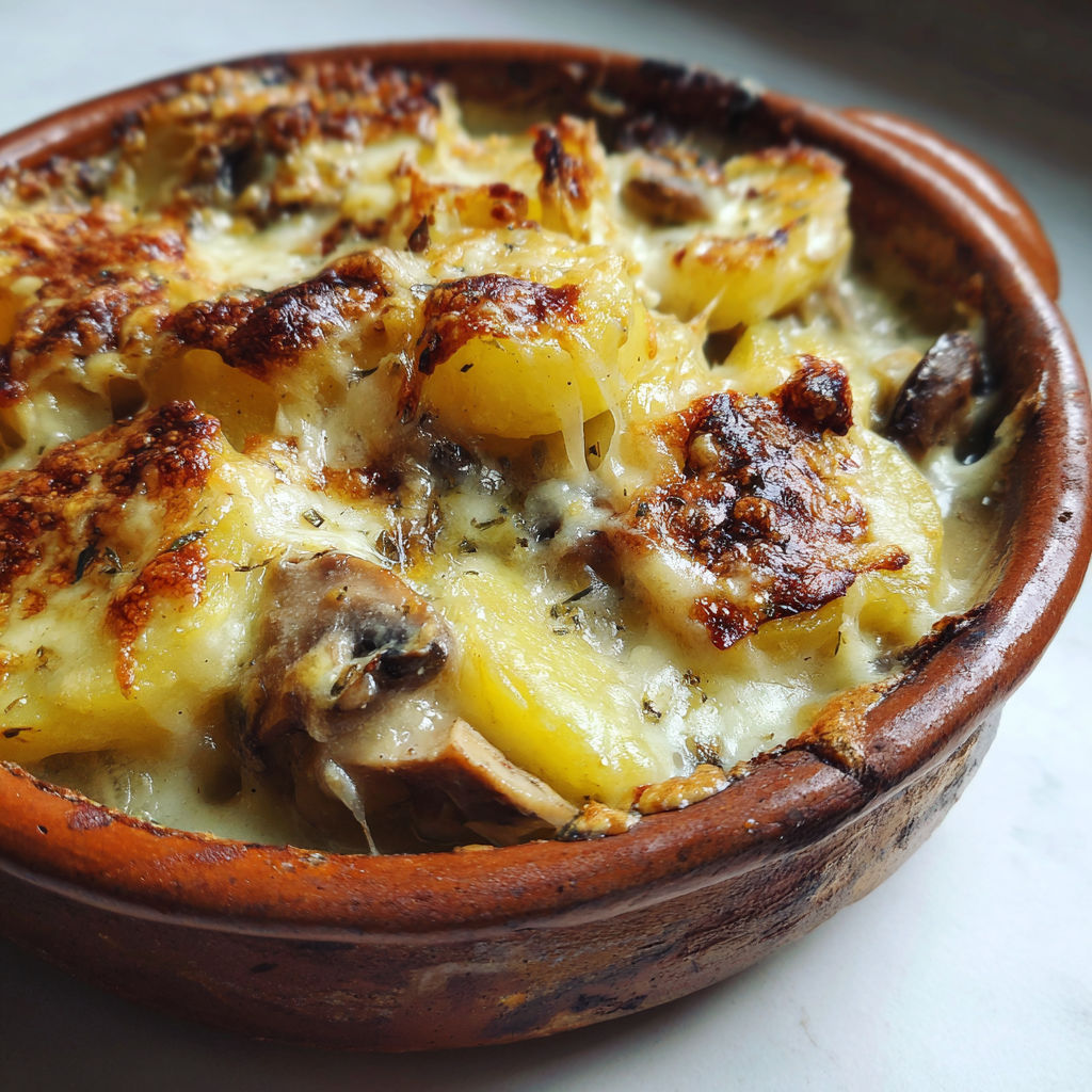 Une tarte au potato et au champignons dans un bol en terre.