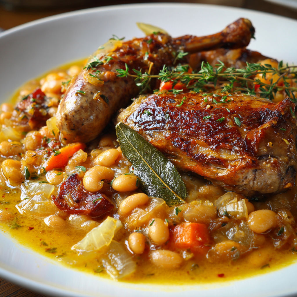 Un Cassoulet traditionnel est un plat de casserole qui contient des légumes, des haricots, des carottes et des oignons.
