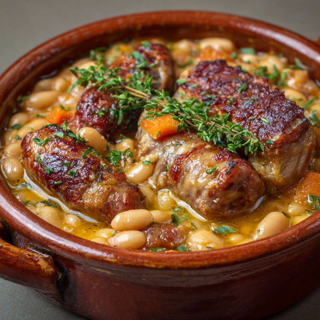 Un cassoulet traditionnel est un plat de casserole qui contient des haricots, des carottes, des lardons et des herbes.