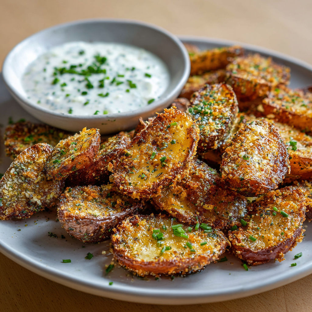 Une plaque de pommes de terre frites avec une sauce au parmesan spécifique, prête à être servie.