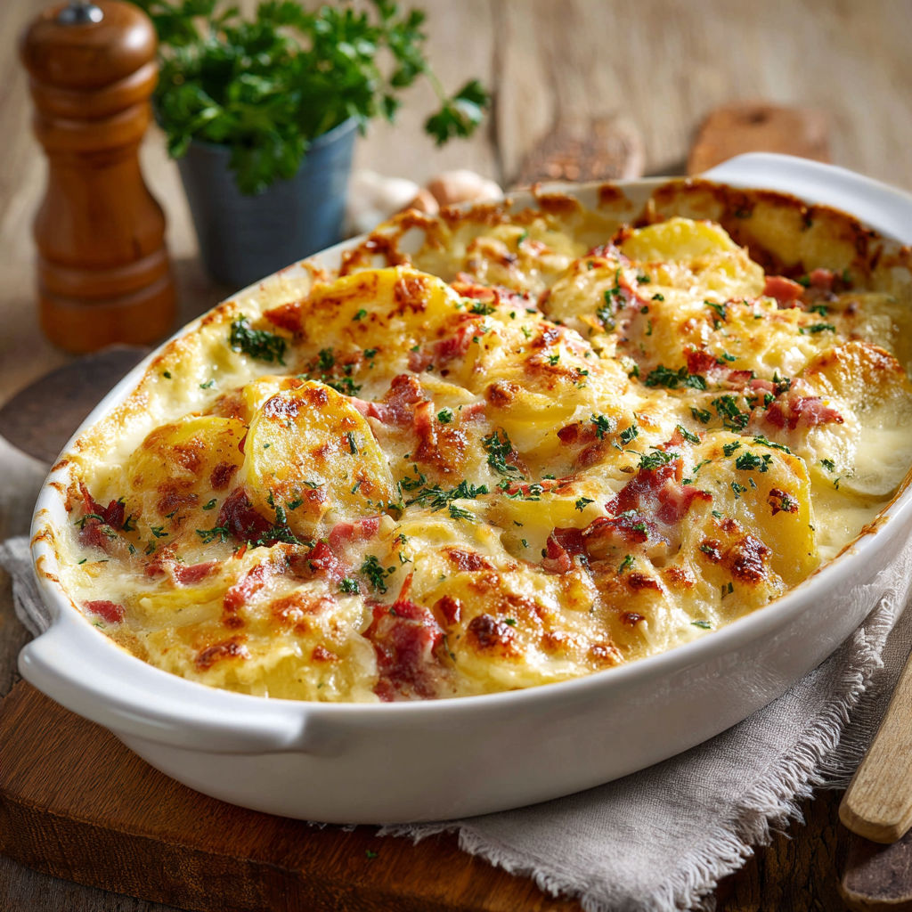 Une tarte au bacon et au parmesan est servie sur une table.