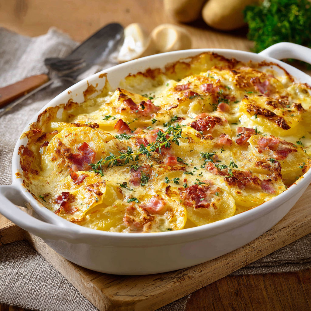 Une tarte au potato gratinée avec des herbes et des légumes.