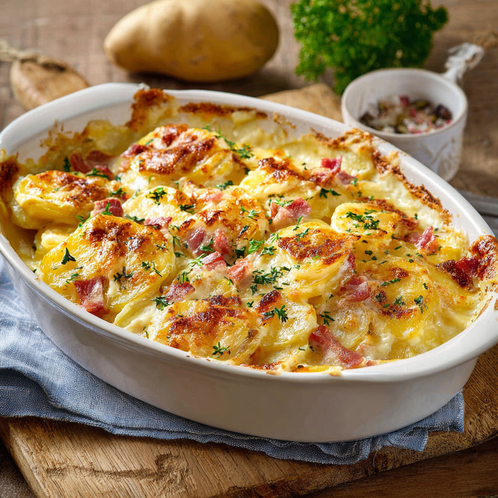 Une tarte au potato gratinée, avec des herbes et des bacon, est servie dans un bol en porcelaine.