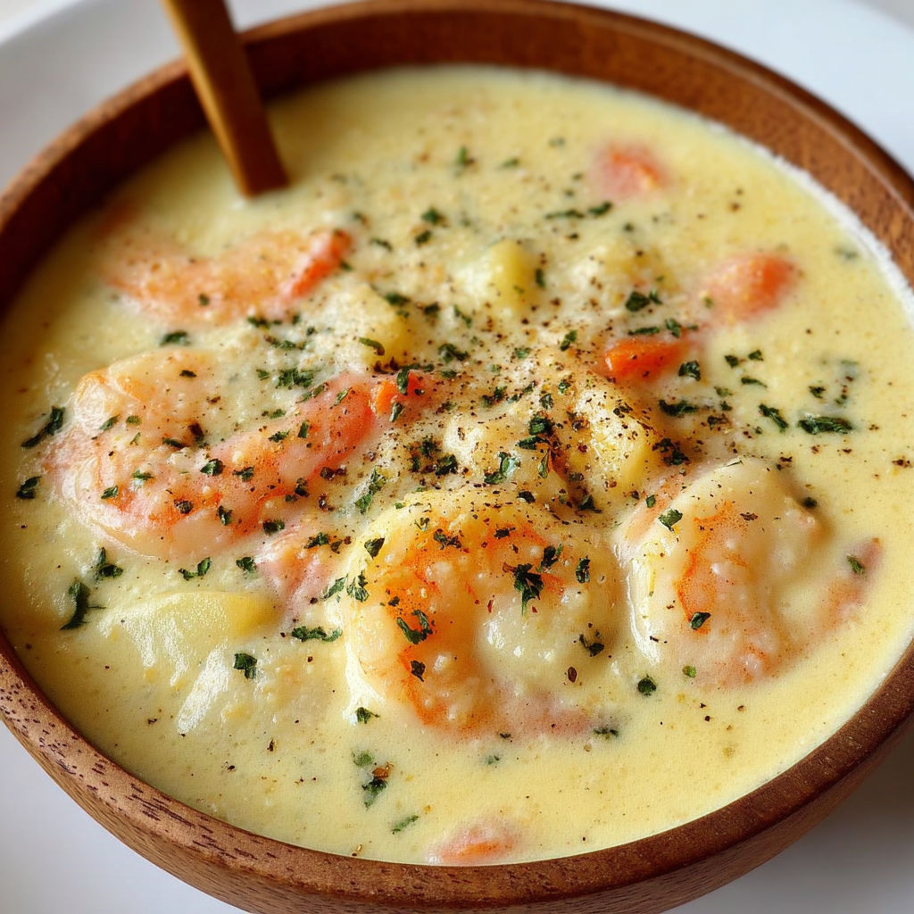Une soupe crémeuse aux crevettes est servie dans un bol en bois.
