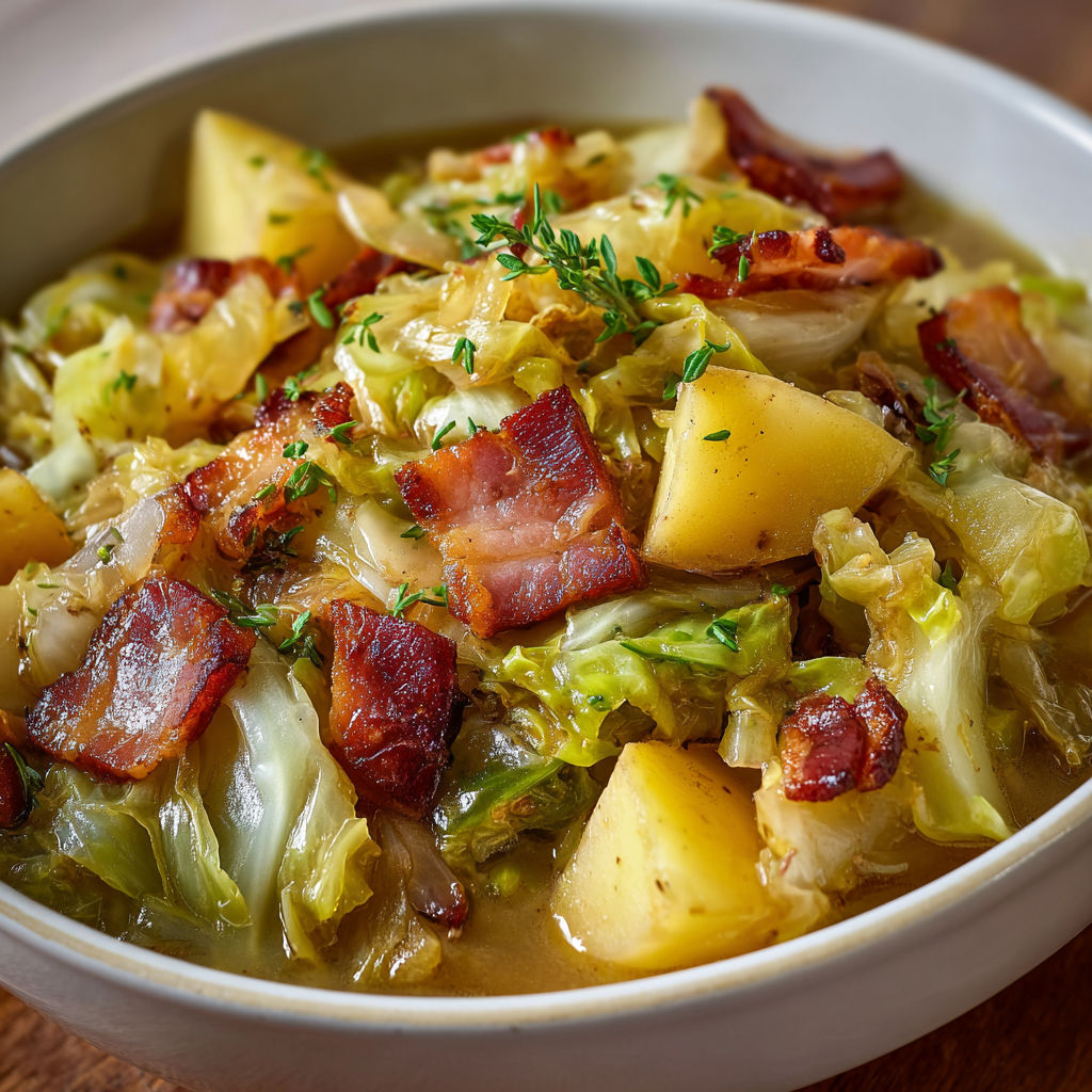 Une salade de légumes et de viande, servie dans un bol, avec des légumes tels que des choux et des bacon.