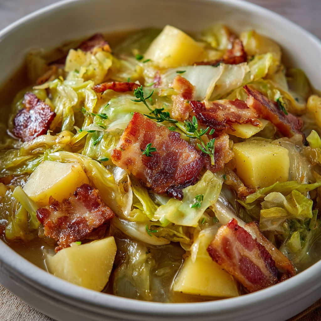 Une soupe de légumes et de viande, avec des légumes tels que des choux et des bacon, est servie dans un bol.