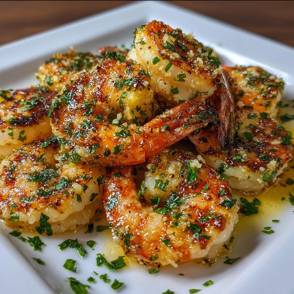 Shrimp with herbs and spices on a white plate.