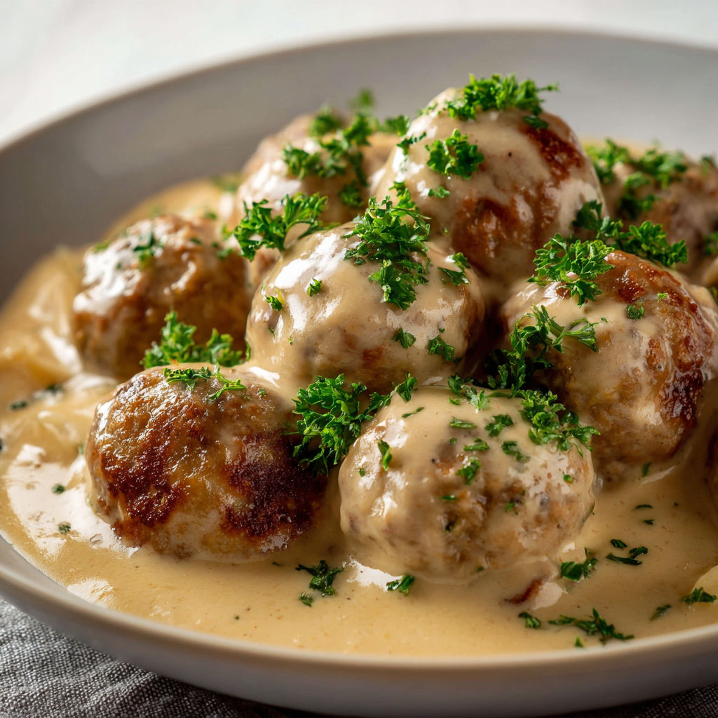 Une assiette de boulettes de viande saucee et garnies d'épinards.