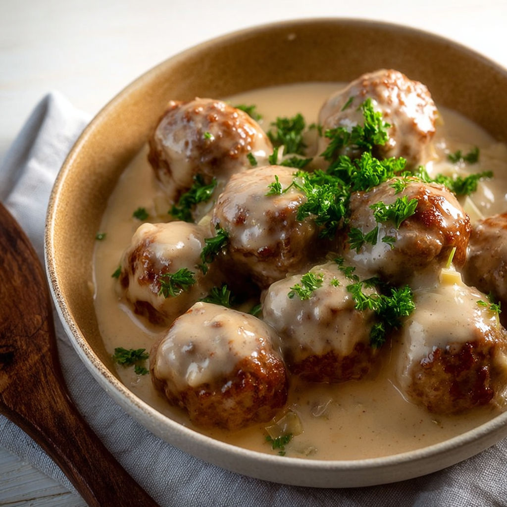 Un plat de boulettes de viande dans une sauce au pesto.