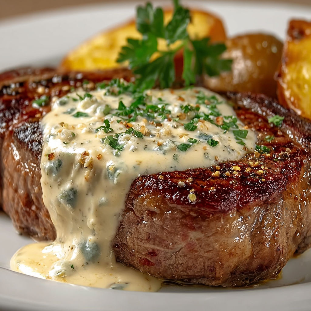 Une entrecôte sauce gorgonzola est servie sur un plateau avec des pommes de terre et des herbes.