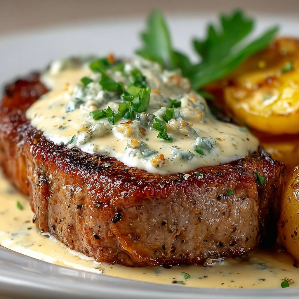 Une viande grillée avec une sauce au pesto et des légumes grillés.