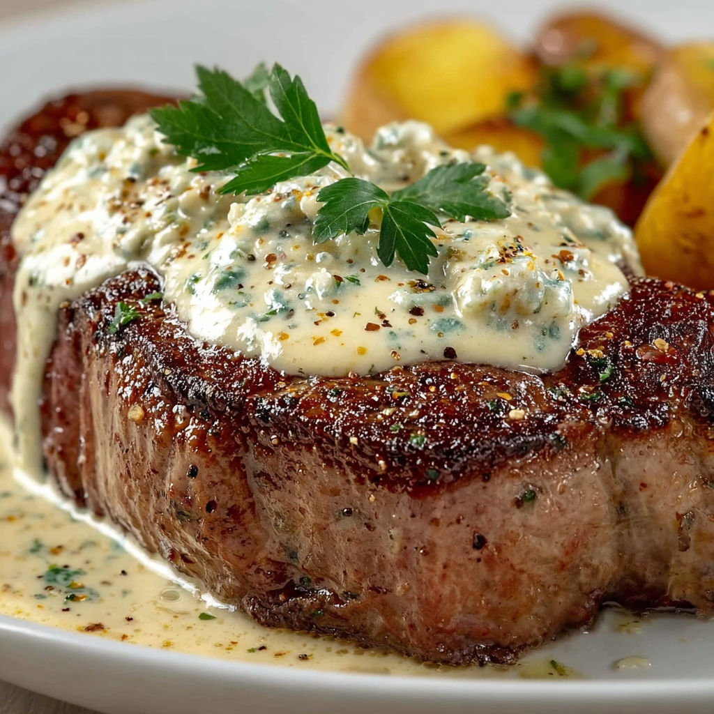 Une viande de boeuf grillée avec une sauce au pesto et des pommes de terre.