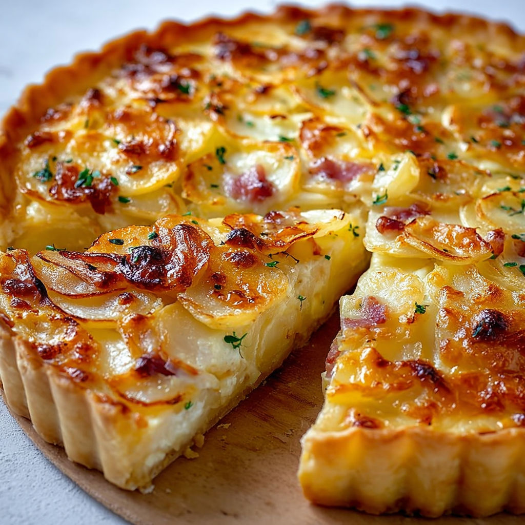 Une tarte aux pommes et bacon, servie sur un plateau de bois.