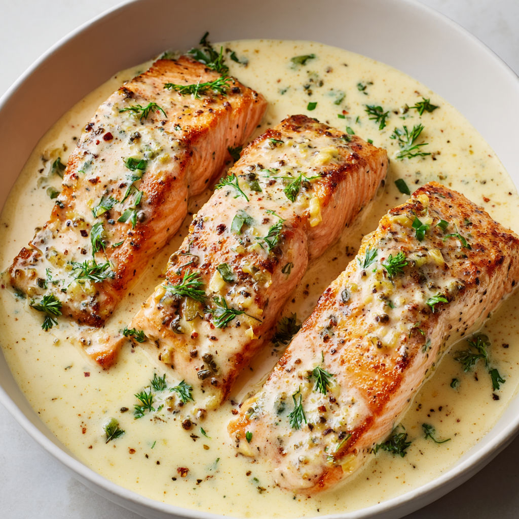 Saumon grillé avec une sauce au crème et moutarde.
