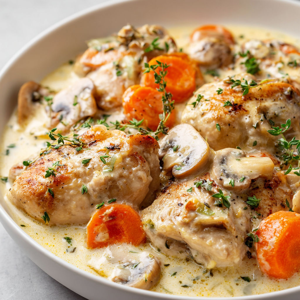 Une recette de poulet avec des carottes et des champignons.