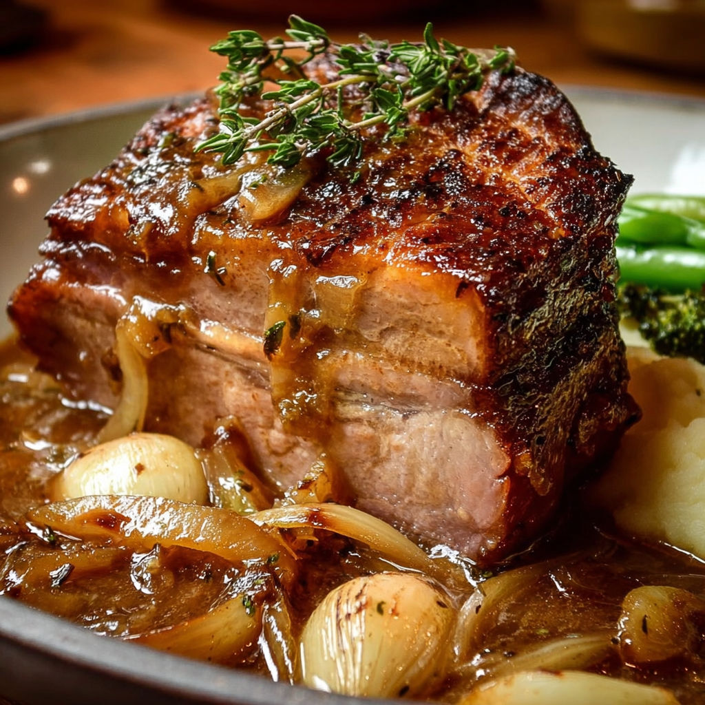 Une rouelle de porc confite à la sauce ail et oignons, servie sur une assiette de casserole.