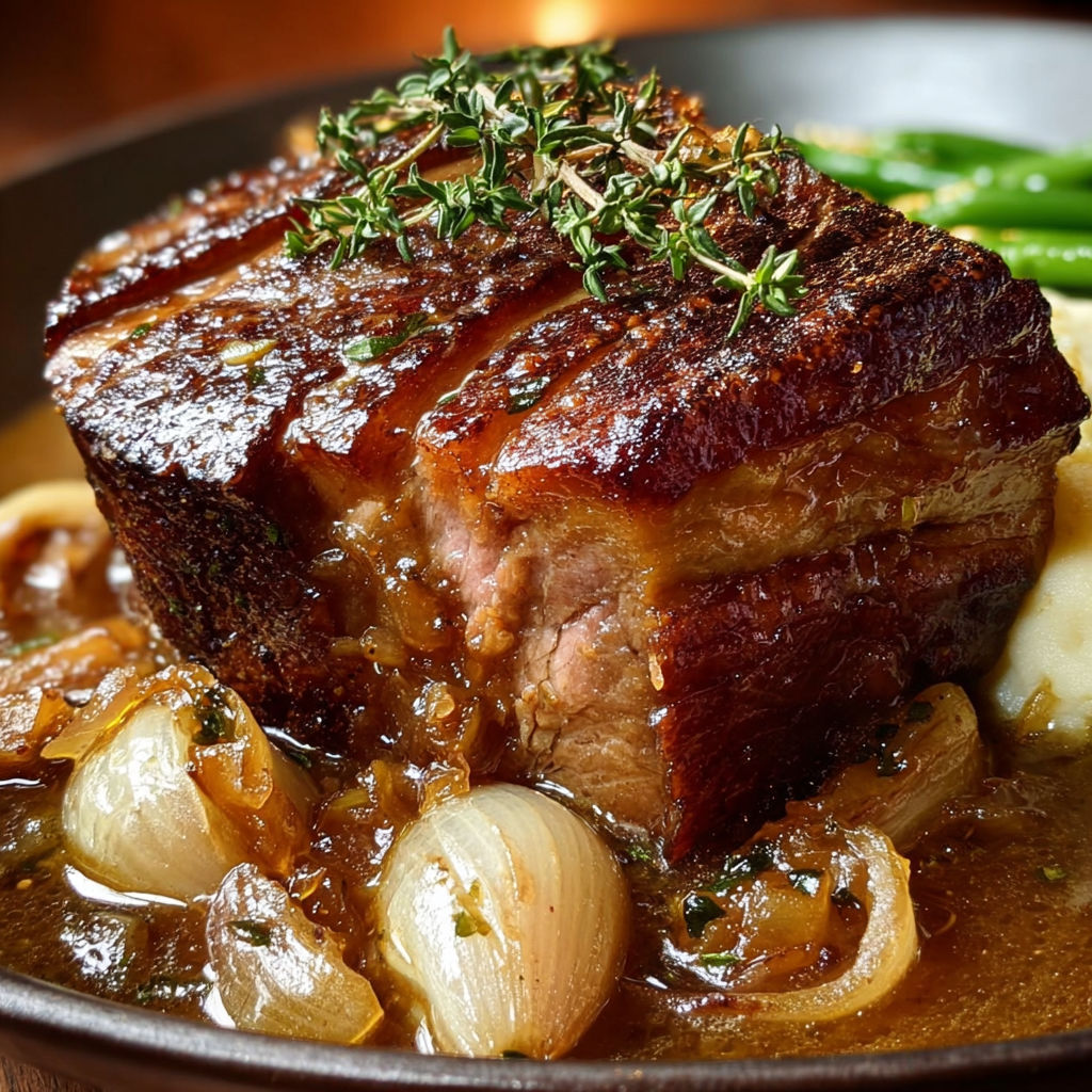 Une rouelle de porc confite à la sauce ail et oignons, servie dans un bol.