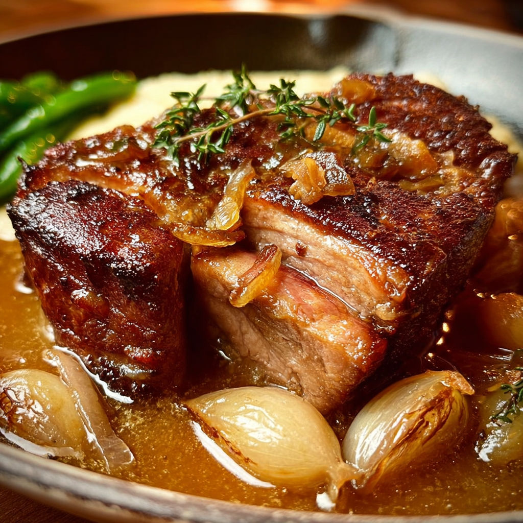 Une delicieuse rouelle de porc confite, servie dans une sauce ail et oignons, est un plat savoureux et délicieux.