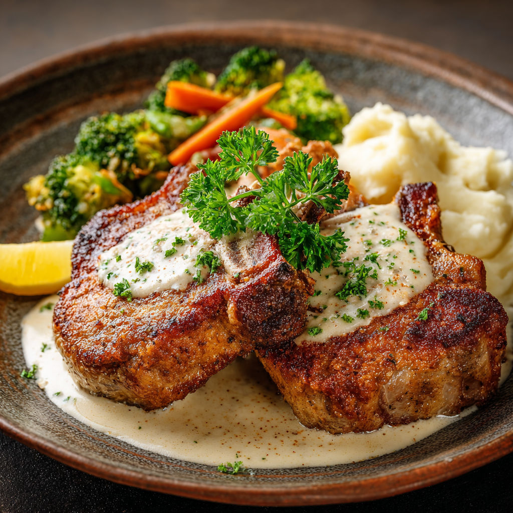 Une assiette de côtelettes de porc frites croustillantes et tendres, accompagnées de légumes verts et de pommes de terre.