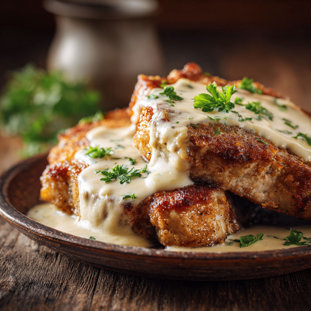 Une assiette de côtelettes de porc frites croustillantes et tendres, accompagnées d'une sauce au beurre.