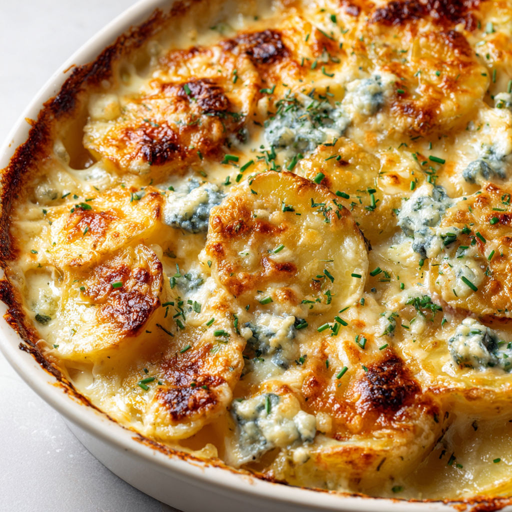 Une gratinée de pommes de terre au fromage bleu, servie dans un bol.
