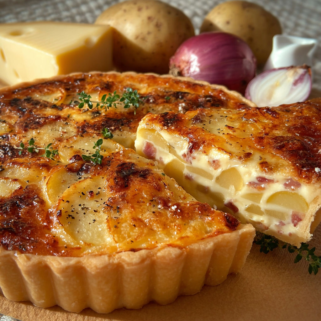 Une quiche montagnarde façon raclette est servie avec des pommes de terre et des oignons.
