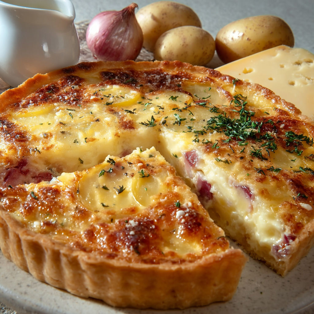 Une quiche montagnarde façon raclette est servie sur un plateau avec des pommes de terre et des oignons.