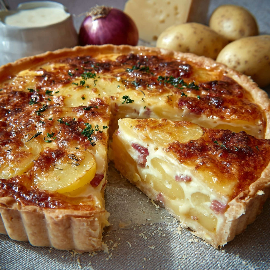 Une quiche montagnarde façon raclette est servie sur une table avec des pommes et des oignons.