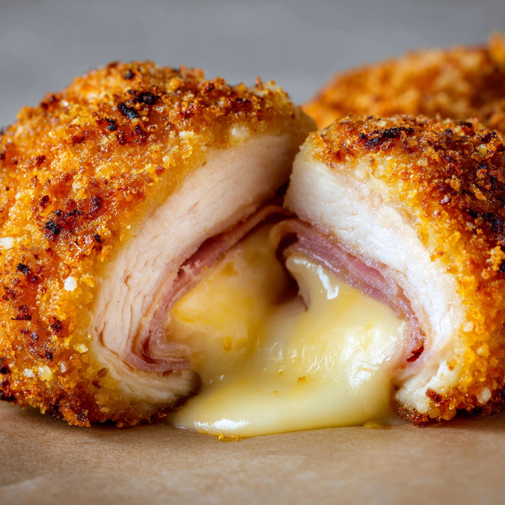 Une portion de Cordon bleu au chèvre, avec du fromage choux et du bacon, est prête à être cuite.
