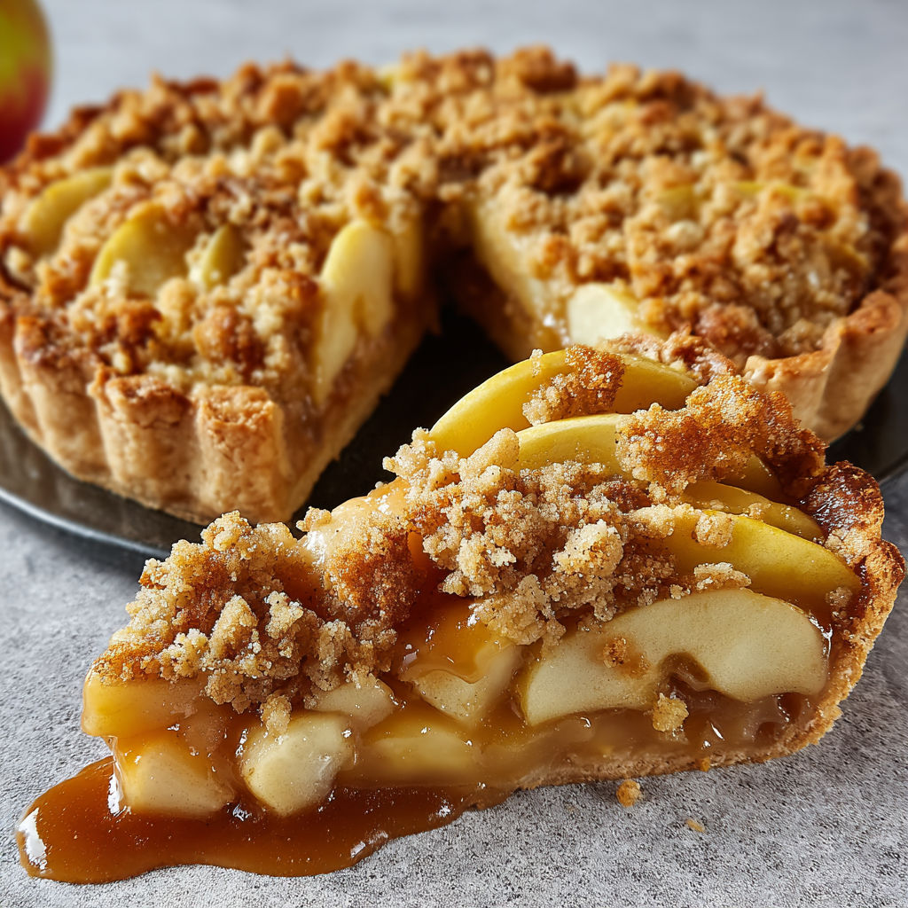 Une tarte aux pommes façon crumble est servie sur un plateau.