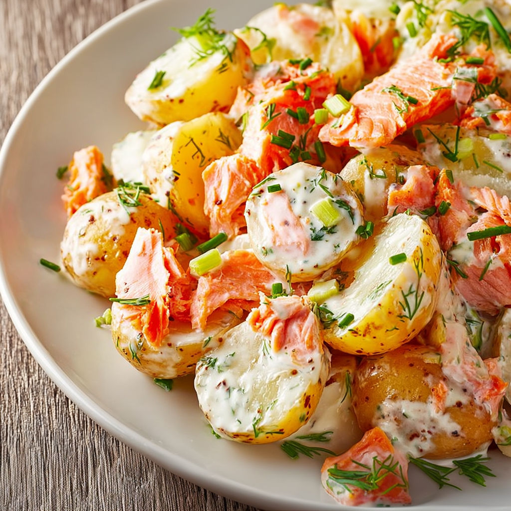 Une salade de pomme de terre au saumon, avec des herbes et des légumes, est servie sur un plateau.